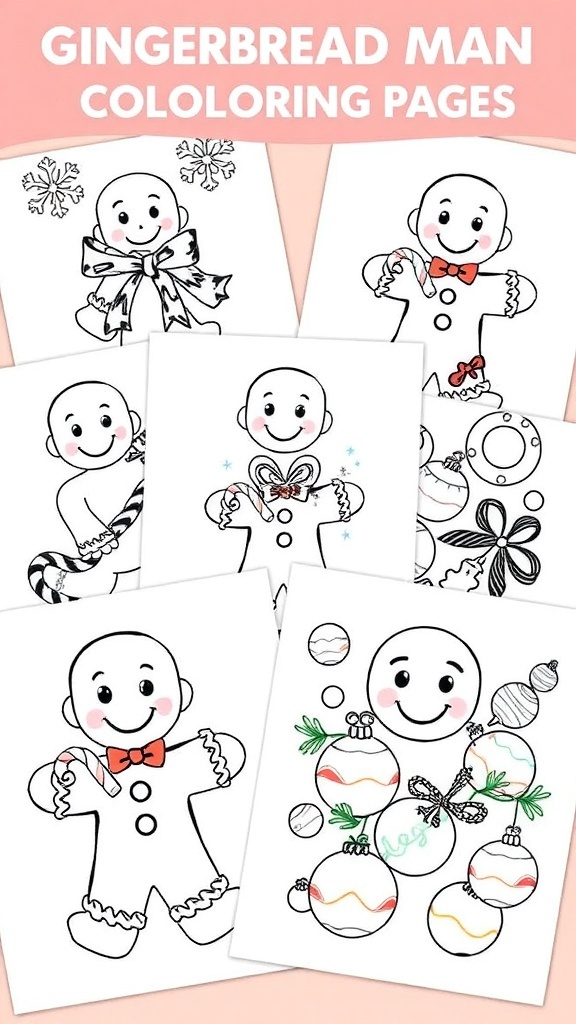 Printable gingerbread man coloring pages with festive designs.